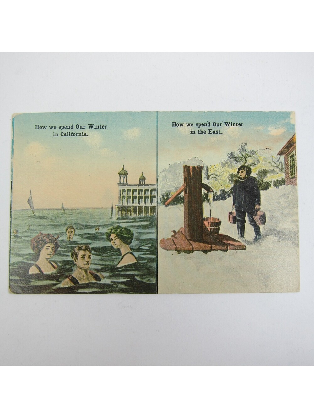 Postcard California Winter Swimming vs Snowy Winter East Antique 1915